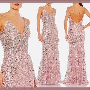 NWT $598 Mac Duggal‎ [ 14 ] Embellished Plunge Neck Trumpet Gown Rose Pink